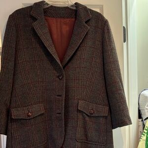 Vintage wool tweed Brown Plaid Women's Blazer with red/orange satin lining